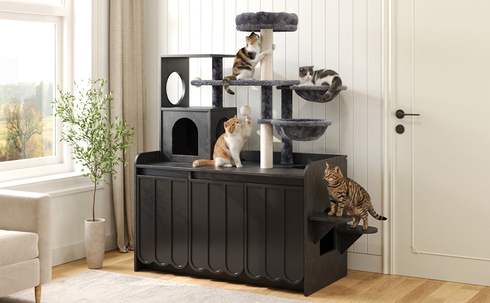 50.6 inch Cat Tree with litter box enclosure and sisal post, black/gray, HouseOfZazla on Tampa Home & Garden Store