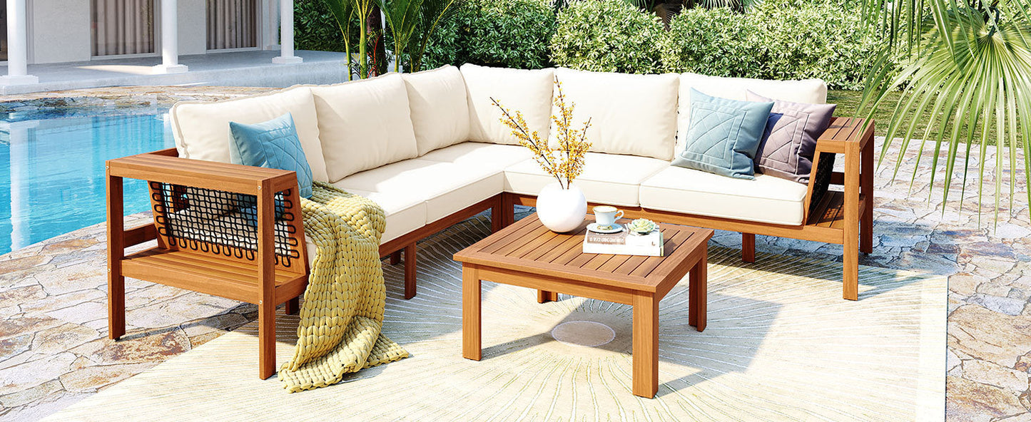 GO 4 Pieces Outdoor Acacia Wood Sofa Set with Coffee Table cream cushions by HouseOfZazla on Tampa Home & Garden Store