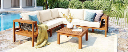 GO 4 Pieces Outdoor Acacia Wood Sofa Set with Coffee Table cream cushions by HouseOfZazla on Tampa Home & Garden Store