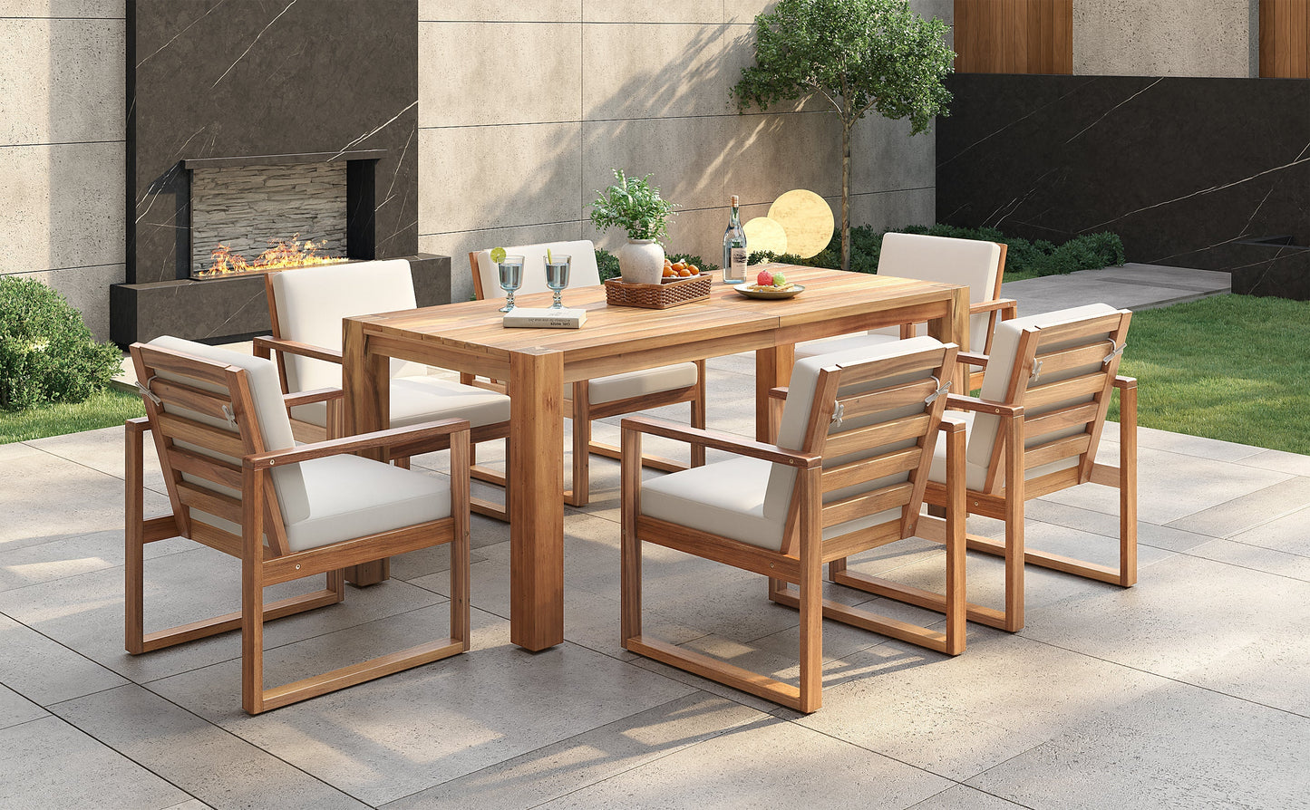 Trexm 7 Piece Acacia Patio Table and 6 Chairs Set