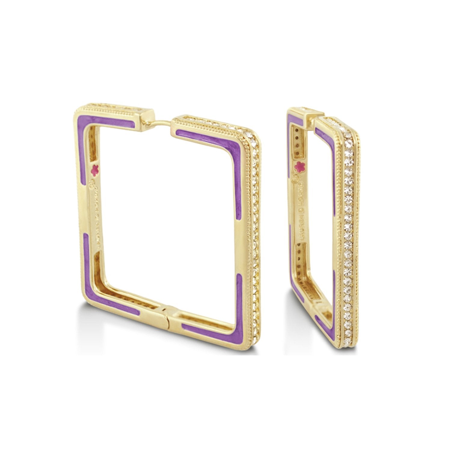 Sea Diamonds Earrings, gold-tone square hoops with purple enamel and diamond pavé edge on Tampa Home & Garden Store