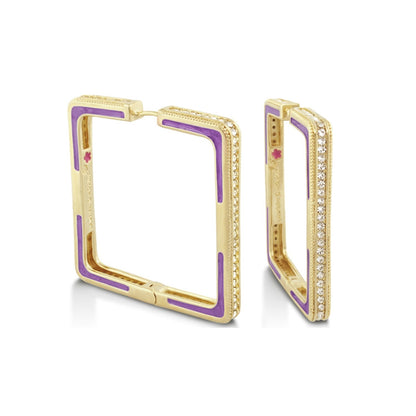 Sea Diamonds Earrings, gold-tone square hoops with purple enamel and diamond pavé edge on Tampa Home & Garden Store