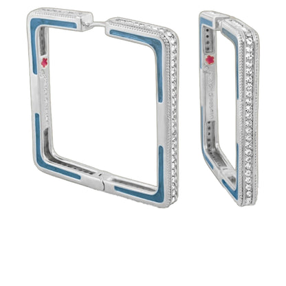 Sea Diamonds Earrings by Lauren G Adams, diamond-studded rectangular hoop with blue enamel on Tampa Home & Garden Store