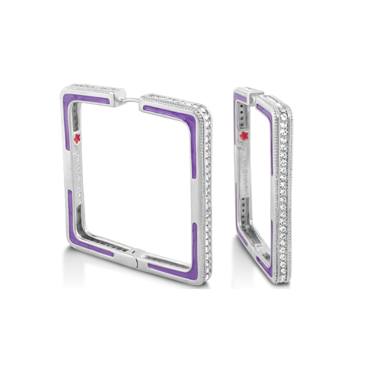 Sea Diamonds Earrings by Lauren G Adams, square hoop with purple enamel and pavé diamonds on Tampa Home & Garden Store