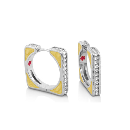 Sea Diamonds Earrings by Lauren G Adams square silver hoops with yellow enamel diamonds on edge on Tampa Home & Garden Store