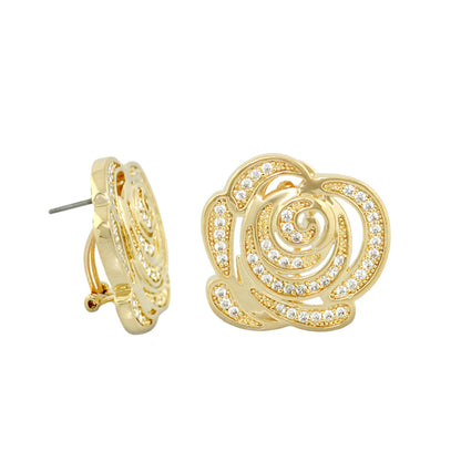Rose Garden Pavé Rose Clip Earrings by Lauren G Adams, gold-tone with clear pavé crystals on Tampa Home & Garden Store