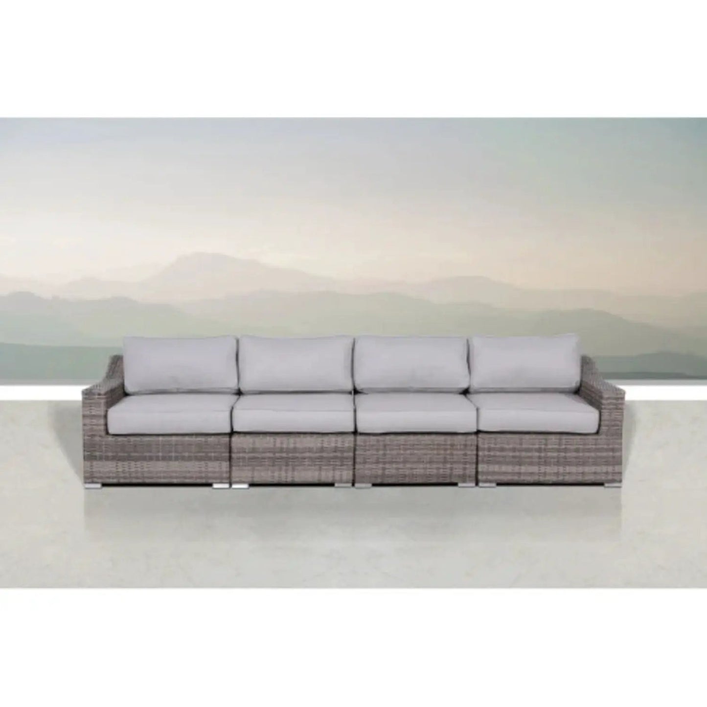 Contemporary outdoor stationary sectional in rattan wicker with light gray cushions on Tampa Home & Garden Store