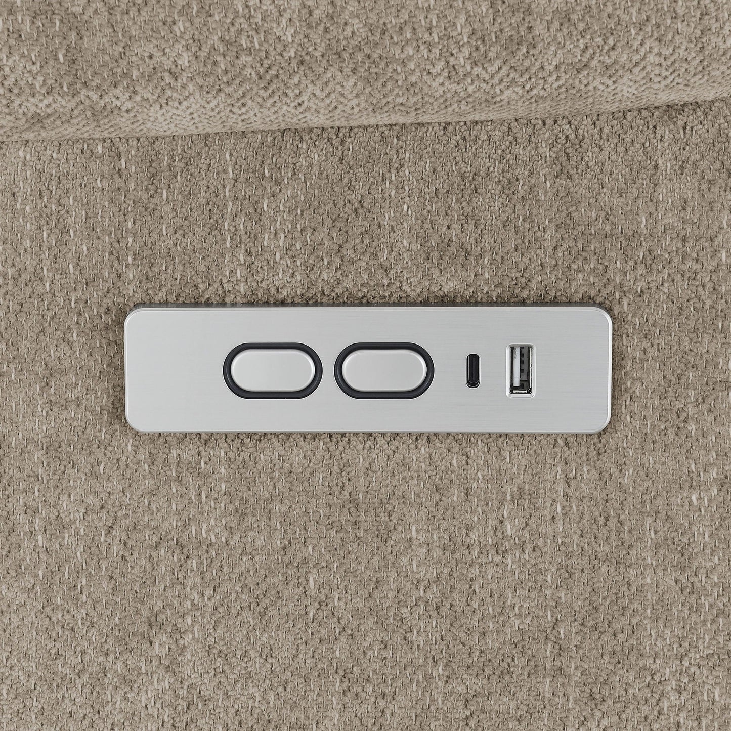 Beca upholstered power lift recliner control panel with two cupholders and USB charging port on Tampa Home & Garden Store
