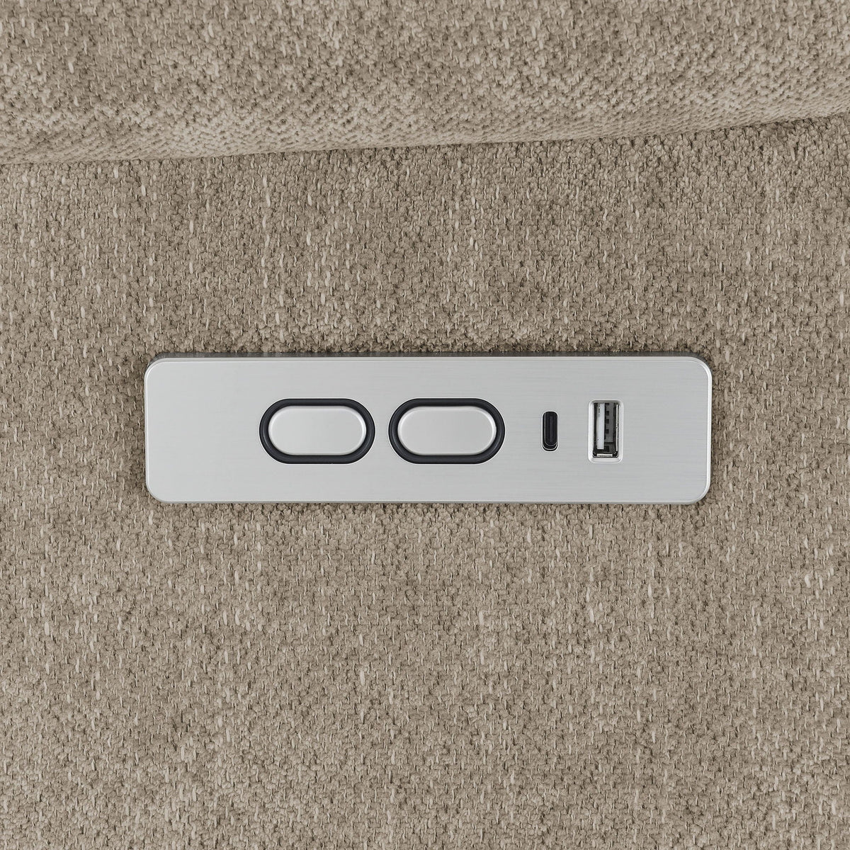 Beca upholstered power lift recliner control panel with two cupholders and USB charging port on Tampa Home & Garden Store