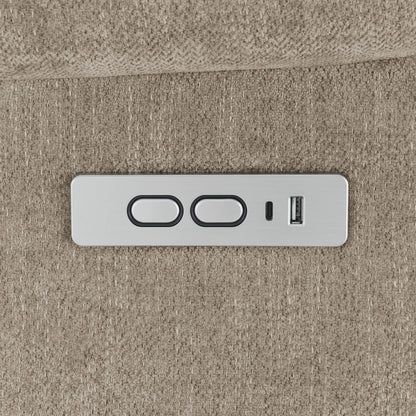 Beca upholstered power lift recliner control panel with two cupholders and USB charging port on Tampa Home & Garden Store