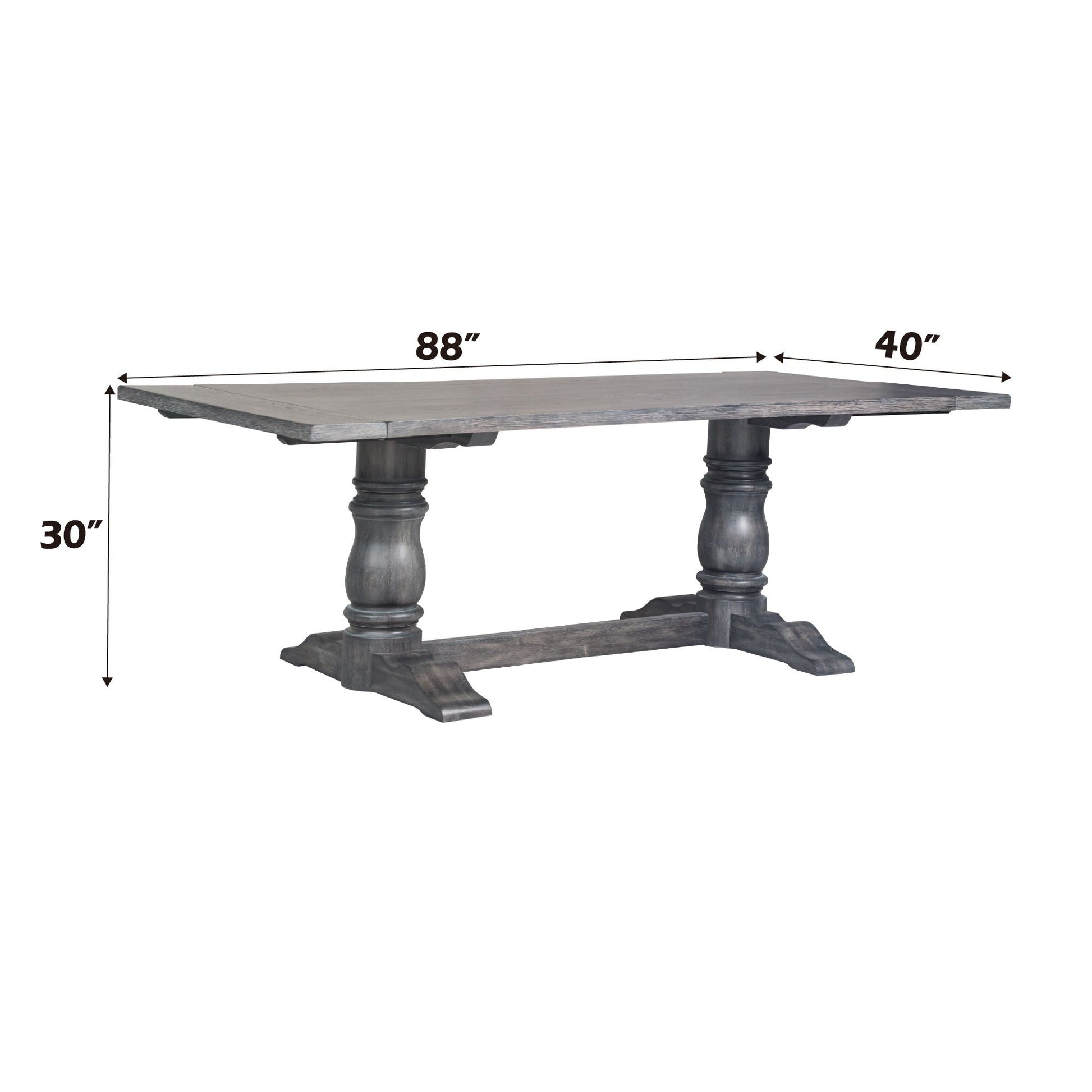 Leventis Dining Table in Weathered Gray, rectangular plank top and two thick turned pedestals on Tampa Home & Garden Store