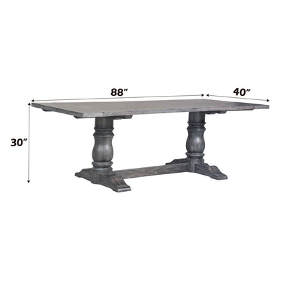 Leventis Dining Table in Weathered Gray, rectangular plank top and two thick turned pedestals on Tampa Home & Garden Store