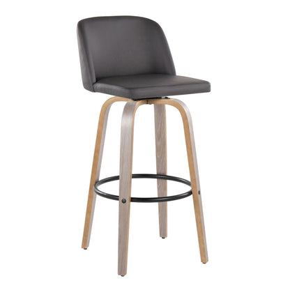 Mid-Century Modern bar stools fixed height with dark upholstery wood legs footrest on Tampa Home & Garden Store
