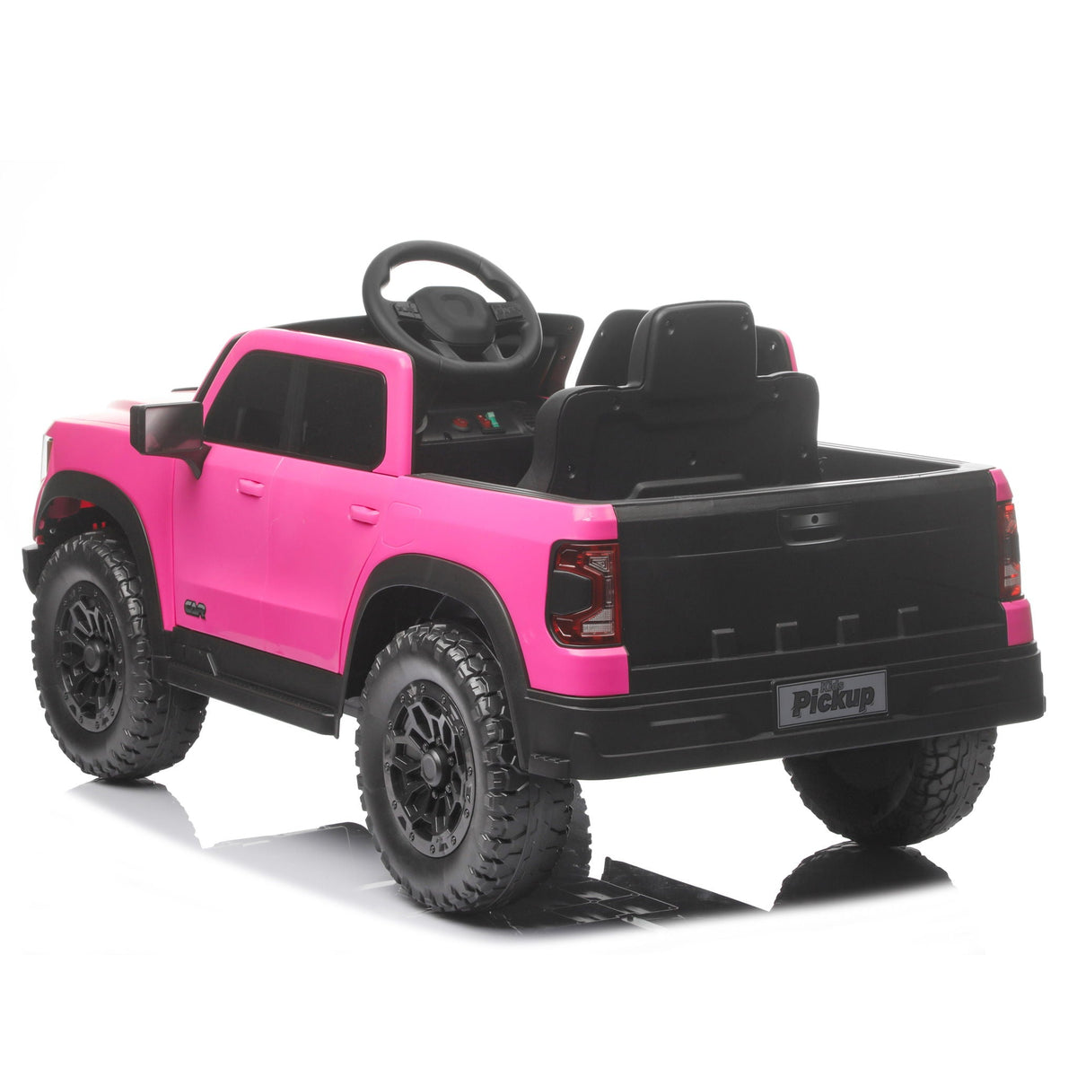 12V pink kids ride-on car with black interior and rugged wheels on Tampa Home & Garden Store