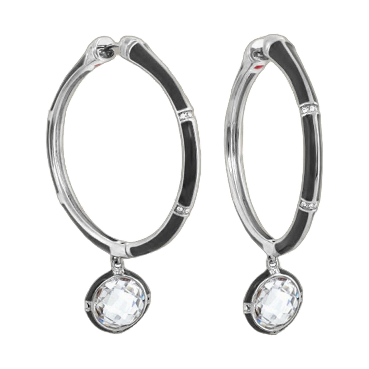 Pair of Prince Charming CZ hoop earrings, silver hoops with black enamel inlay and crystal drops on Tampa Home & Garden Store