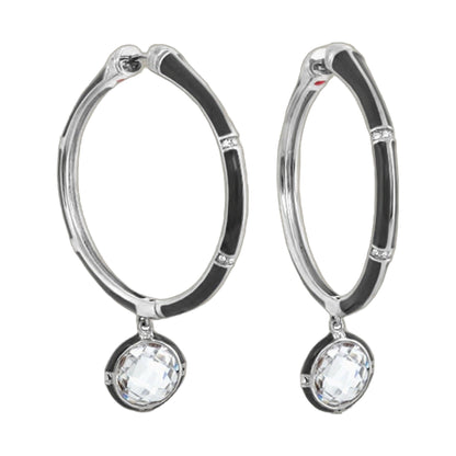 Pair of Prince Charming CZ hoop earrings, silver hoops with black enamel inlay and crystal drops on Tampa Home & Garden Store