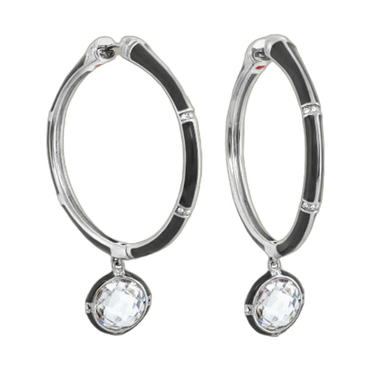 Pair of Prince Charming CZ hoop earrings, silver hoops with black enamel inlay and crystal drops on Tampa Home & Garden Store