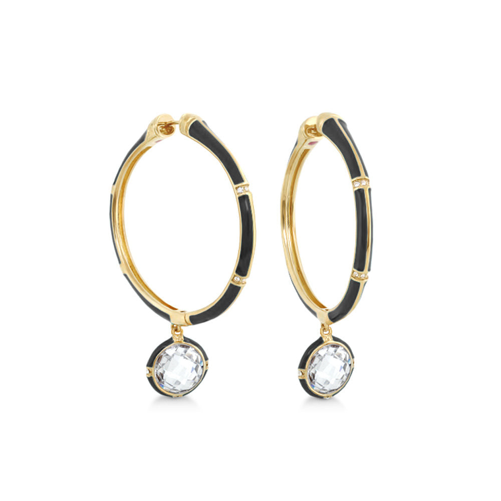 Prince Charming cubic zirconia hoop earrings, gold-tone hoops with black enamel and crystal drops on Tampa Home & Garden Store