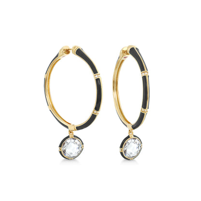 Prince Charming cubic zirconia hoop earrings, gold-tone hoops with black enamel and crystal drops on Tampa Home & Garden Store