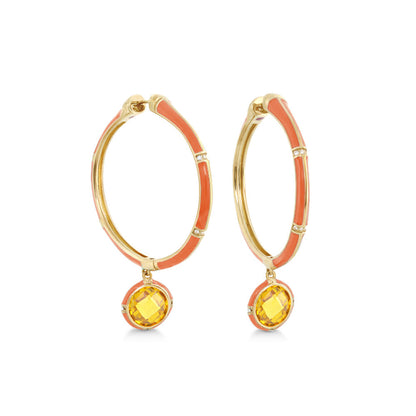 Prince Charming Cubic Zirconia Hoop Earrings, gold hoops with orange enamel and yellow drops in Tampa on Tampa Home & Garden Store
