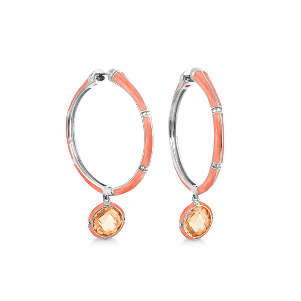 Prince Charming cubic zirconia hoop earrings with coral enamel and orange drop gems, pair on Tampa Home & Garden Store
