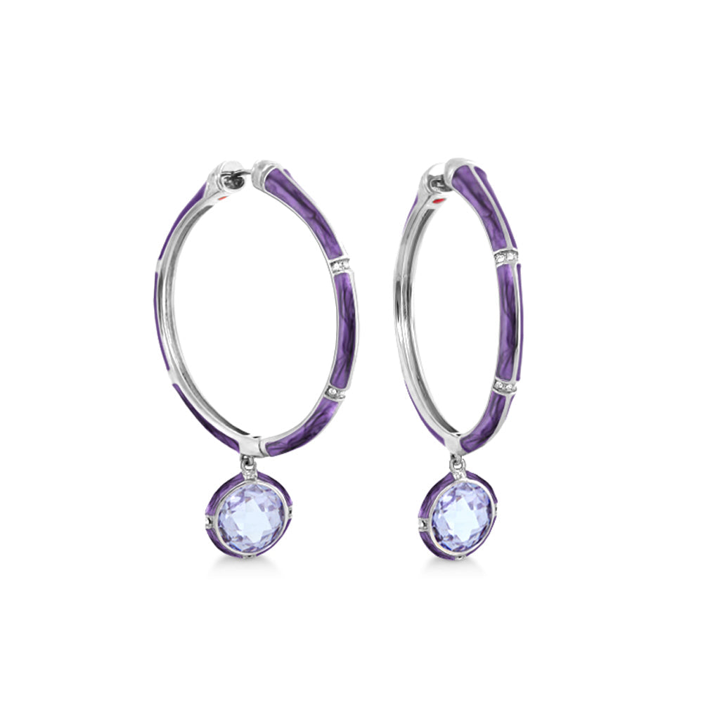 Prince Charming cubic zirconia hoop earrings with purple enamel and lavender gem on Tampa Home & Garden Store