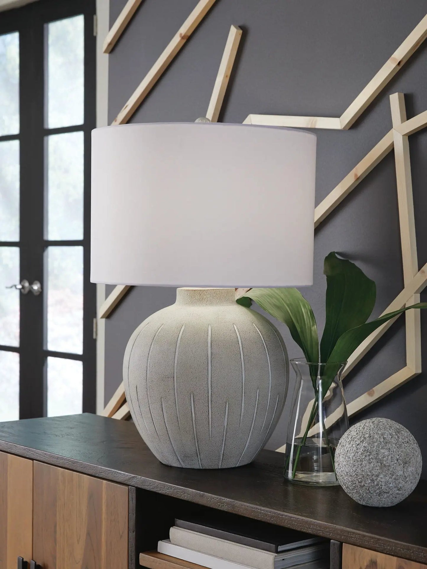 Calbert poly table lamp warm gray with ribbed ceramic base by Unique Piece Furniture on Tampa Home & Garden Store