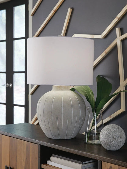 Calbert poly table lamp warm gray with ribbed ceramic base by Unique Piece Furniture on Tampa Home & Garden Store