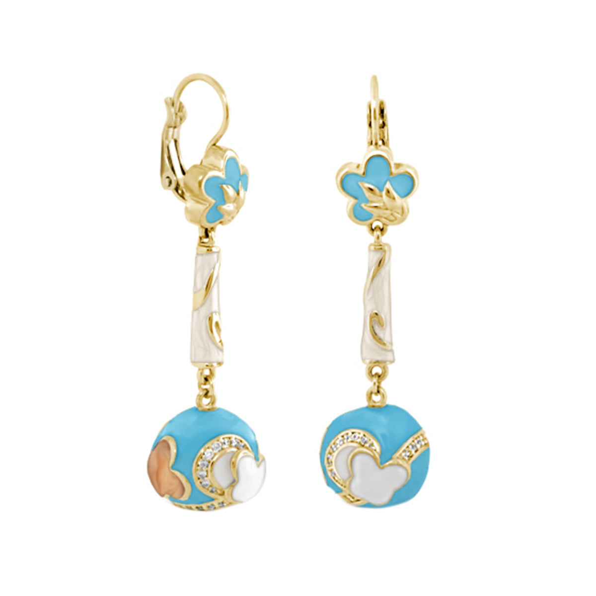 You Neek Earrings pair, gold-tone with blue enamel flower tops and turquoise bead drops on Tampa Home & Garden Store