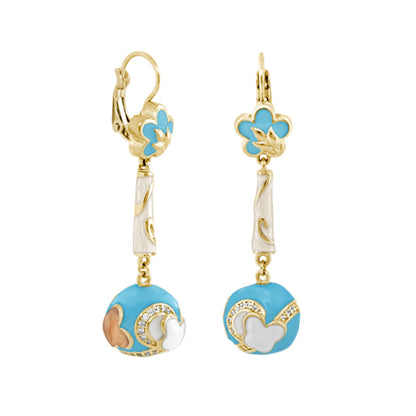 You Neek Earrings pair, gold-tone with blue enamel flower tops and turquoise bead drops on Tampa Home & Garden Store