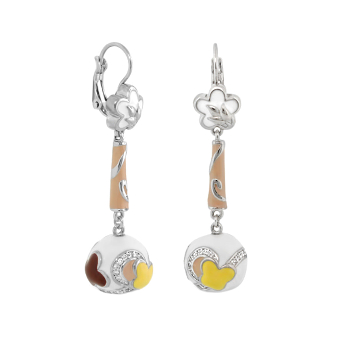 You Neek Earrings by Lauren G Adams; silver flower tops, beige bar drops, heart charms on Tampa Home & Garden Store