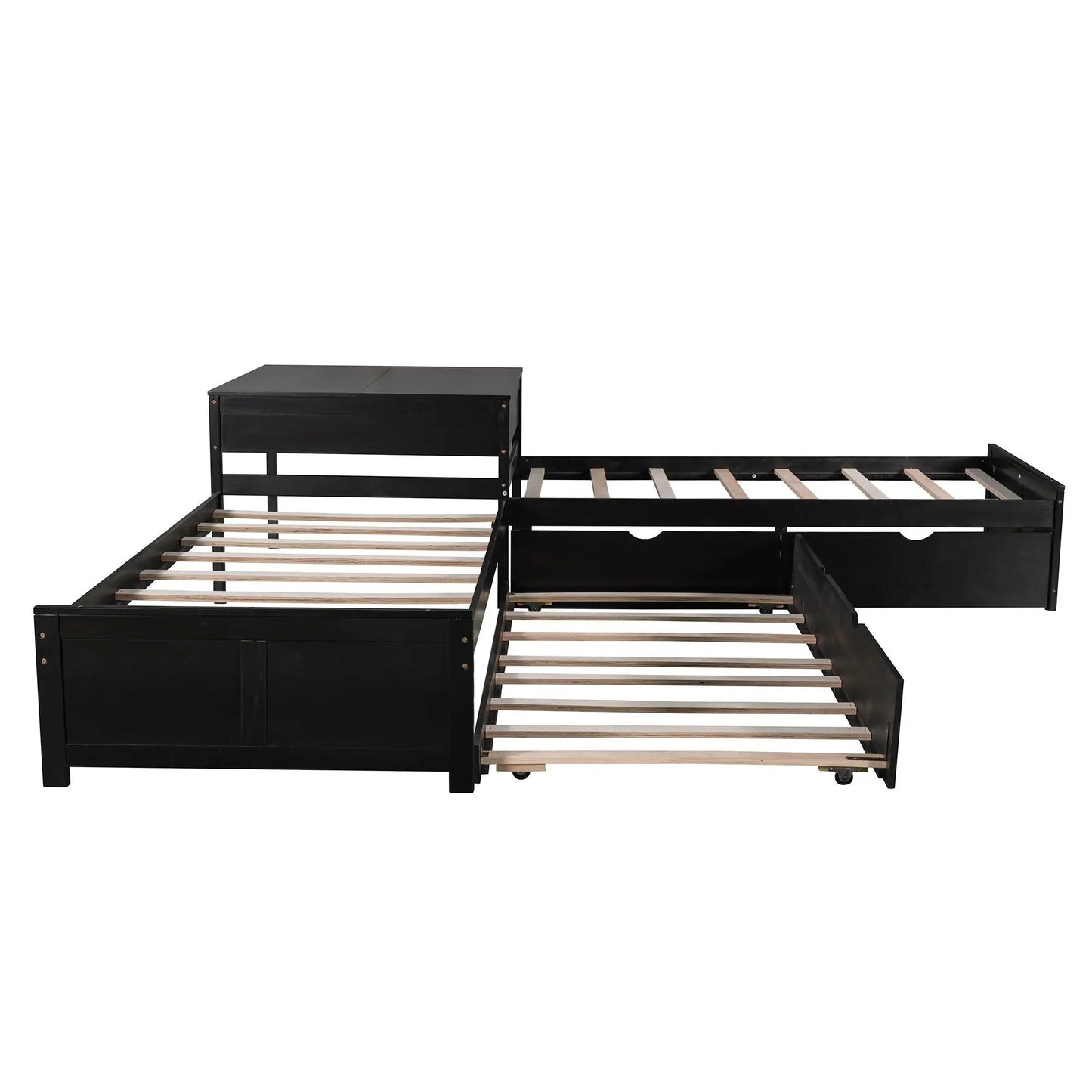 L-shaped platform bed with built-in desk and trundle, black metal frame, Unique Piece Furniture on Tampa Home & Garden Store