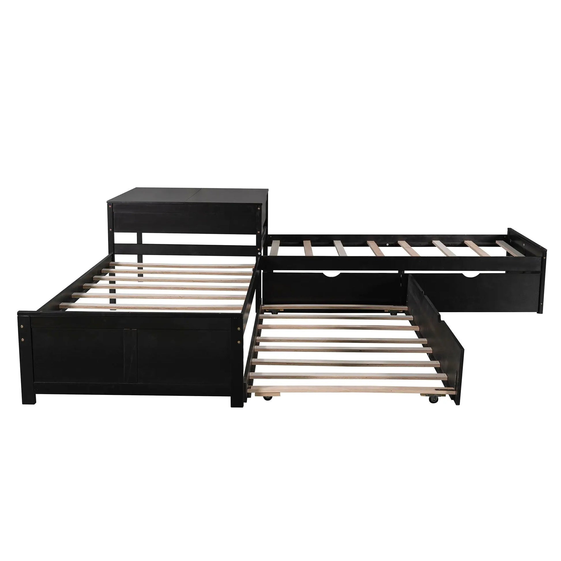L-shaped platform bed with built-in desk and trundle, black metal frame, Unique Piece Furniture on Tampa Home & Garden Store