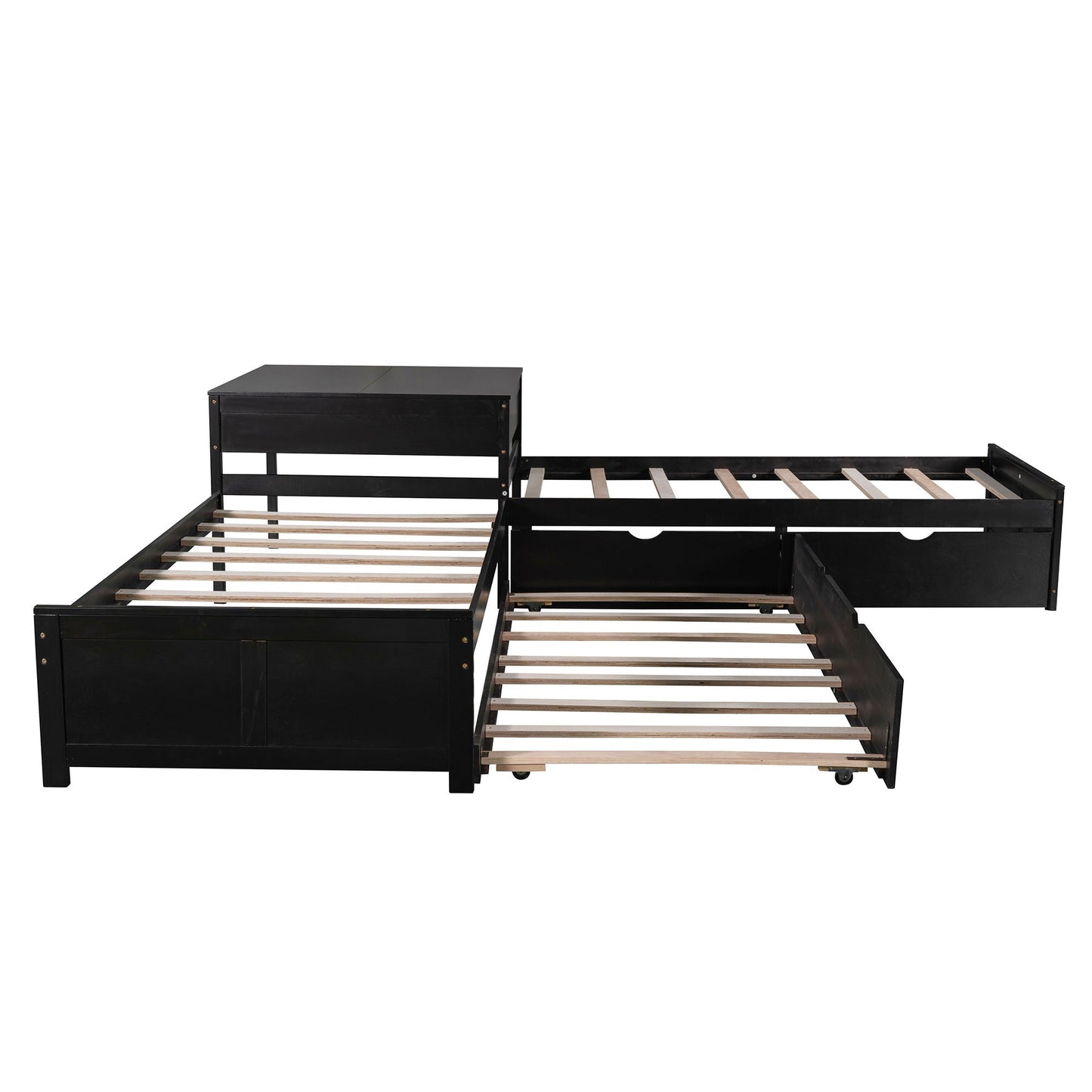 L-shaped platform bed with built-in desk, trundle and drawers in black metal by HouseOfZazla on Tampa Home & Garden Store