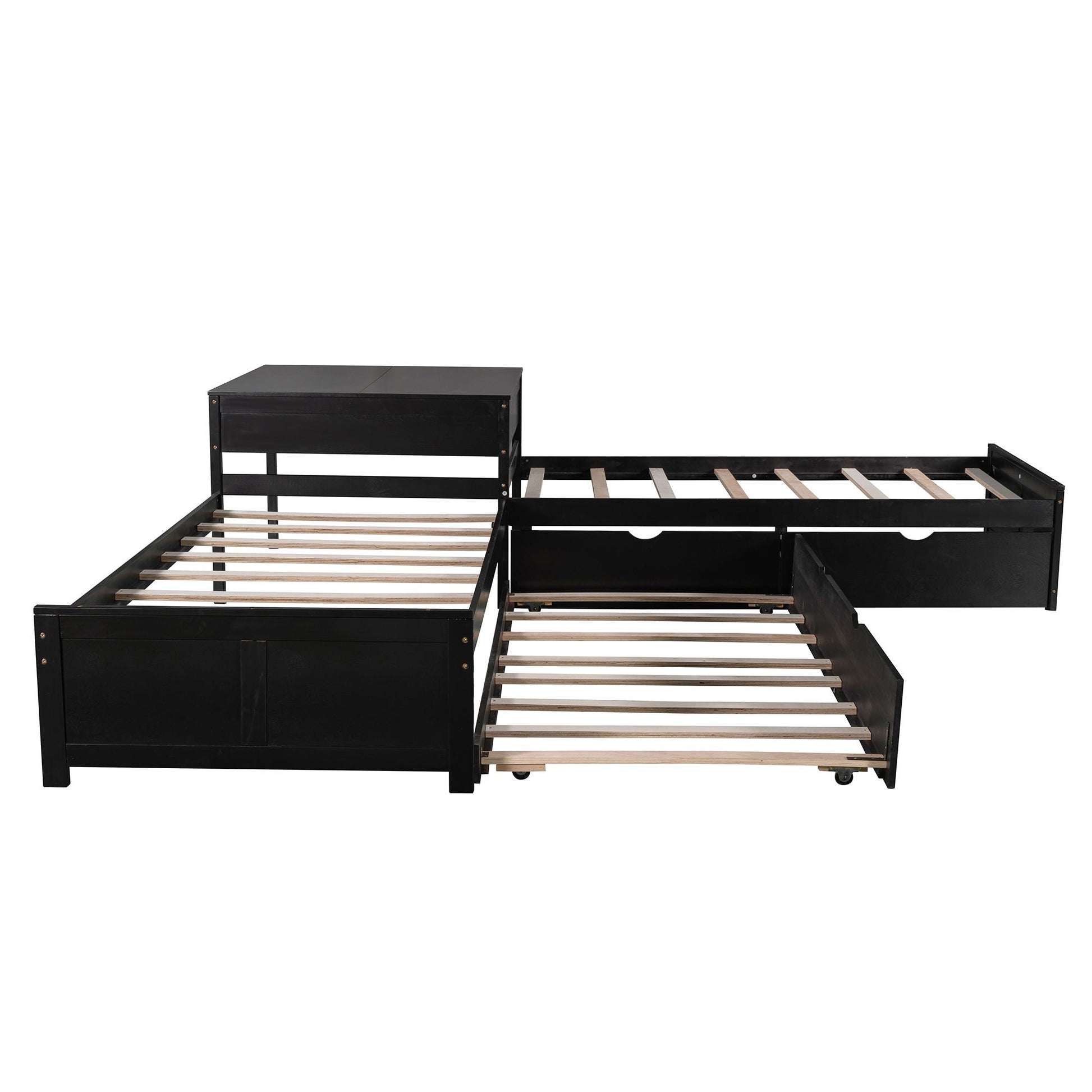 L-shaped platform bed with built-in desk, trundle and drawers in black metal by HouseOfZazla on Tampa Home & Garden Store