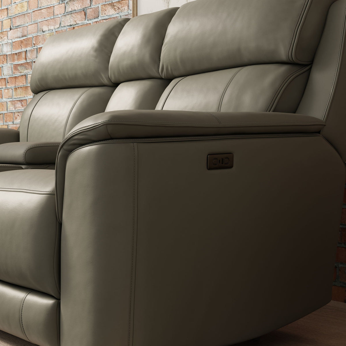Dual Power Reclining Loveseat Center Console in taupe leather with side controls Tampa Store on Tampa Home & Garden Store