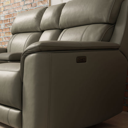 Dual Power Reclining Loveseat Center Console in taupe leather with side controls Tampa Store on Tampa Home & Garden Store