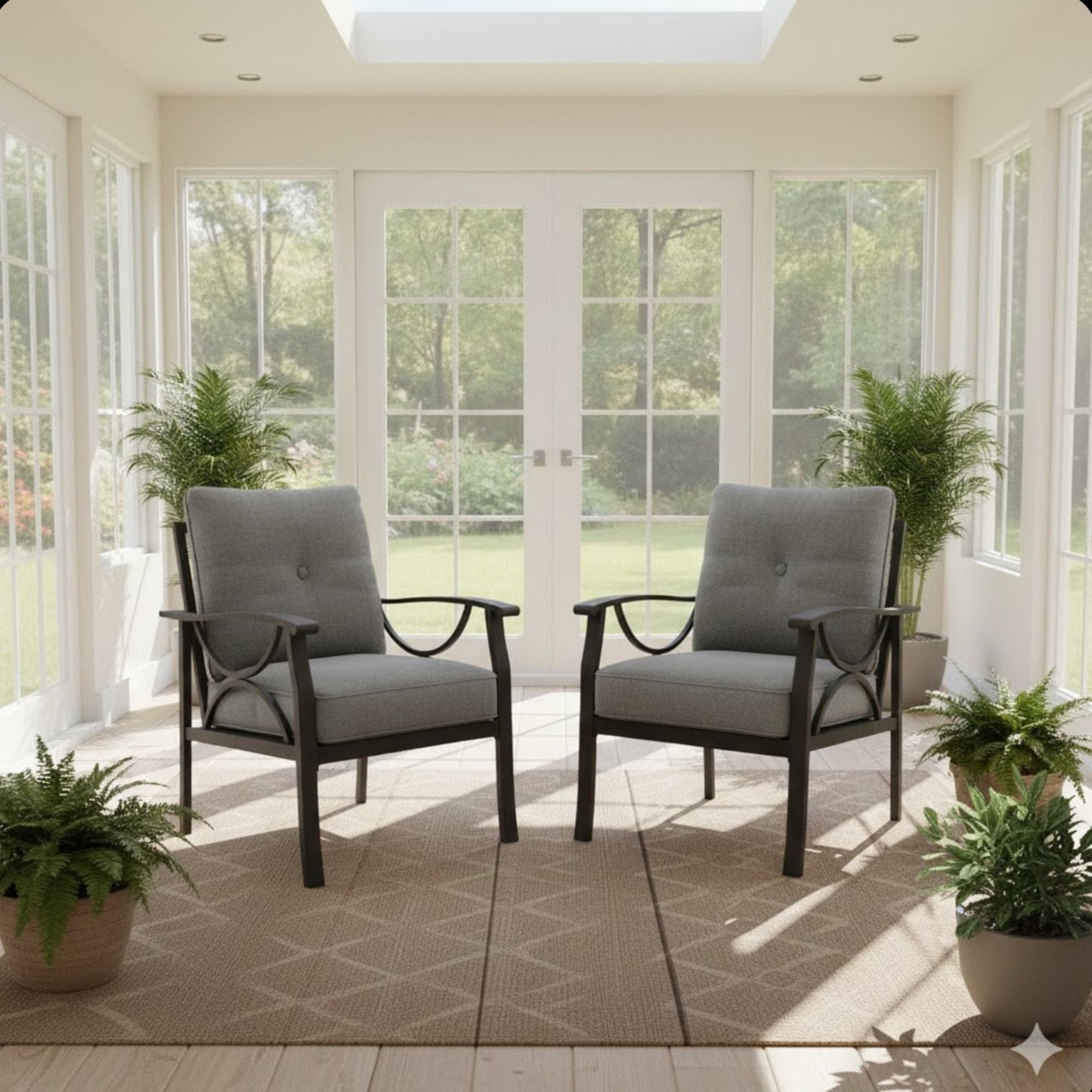 All Weather Armchairs with Cushions set of 2 in gray cushions with sculptural dark metal frames for outdoor seating on Tampa Home & Garden Store