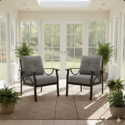 All Weather Armchairs with Cushions set of 2 in gray cushions with sculptural dark metal frames for outdoor seating on Tampa Home & Garden Store