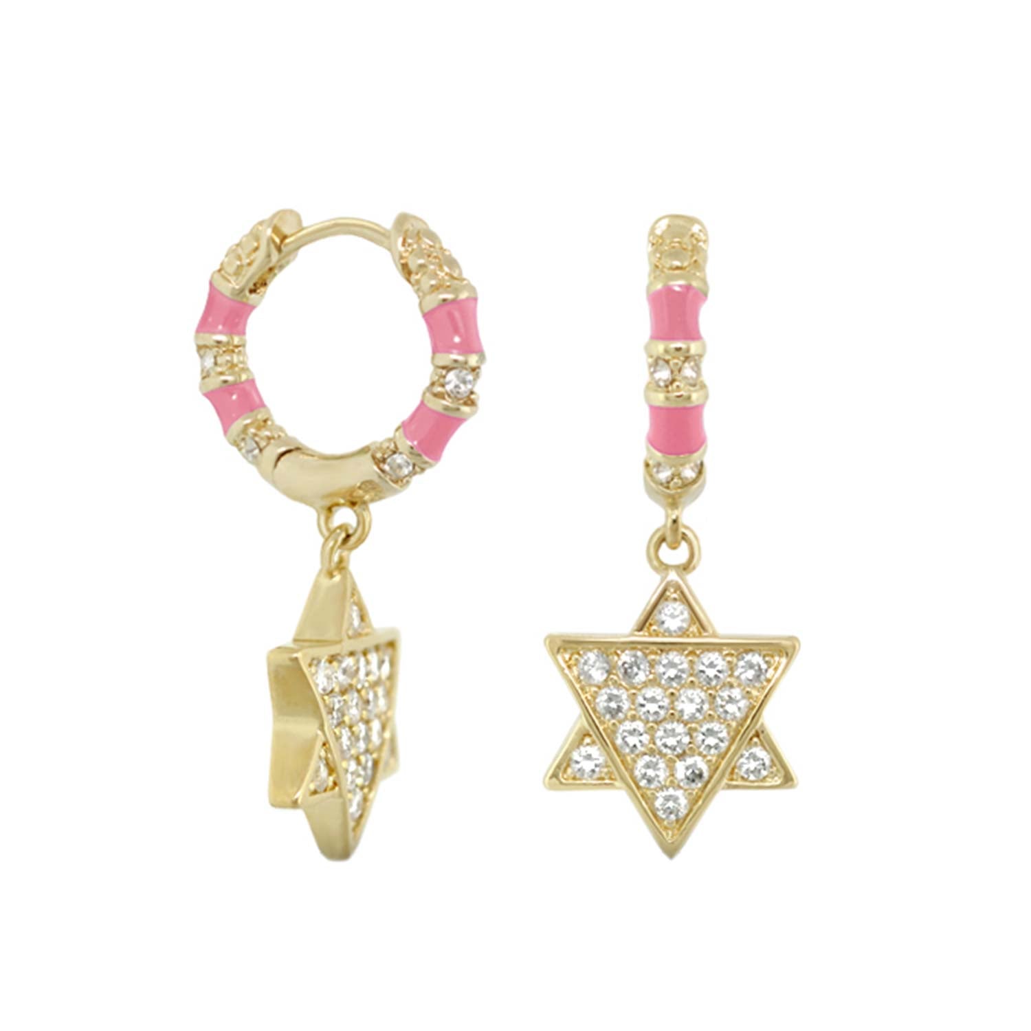 Star of David Earrings, gold-tone hoops with pink enamel and crystal accents, star pendant on Tampa Home & Garden Store