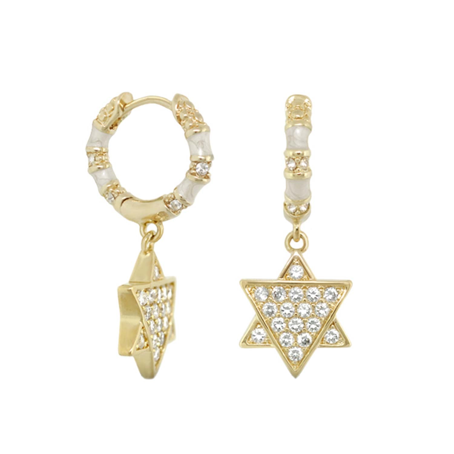 Star of David earrings, gold-tone hoops with crystal pavé; pair features geometric and star pendants on Tampa Home & Garden Store