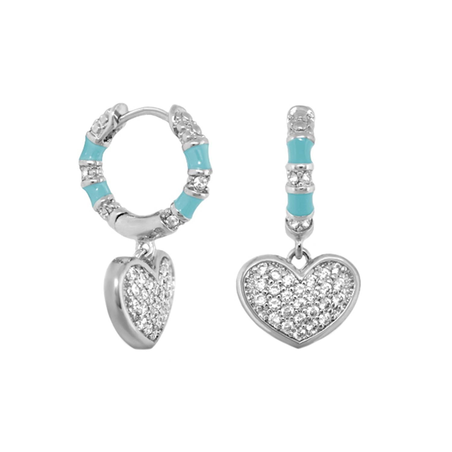 Charming 2 Earrings Pavé Heart Drop pair with turquoise enamel segments on hoops on Tampa Home & Garden Store