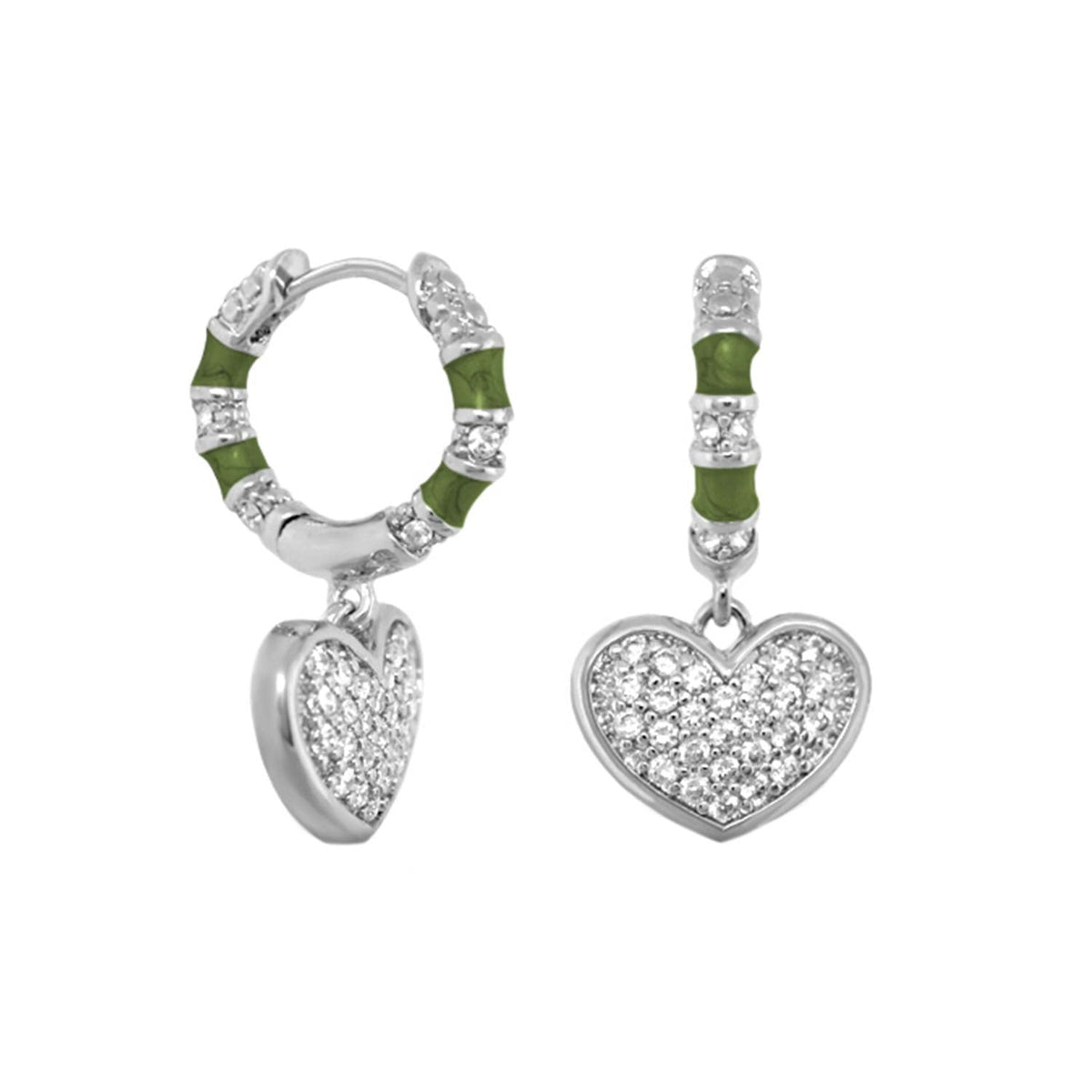 Charming 2 Earrings — Pavé Heart Drop Lauren G Adams, hoops with green enamel and pavé hearts on Tampa Home & Garden Store