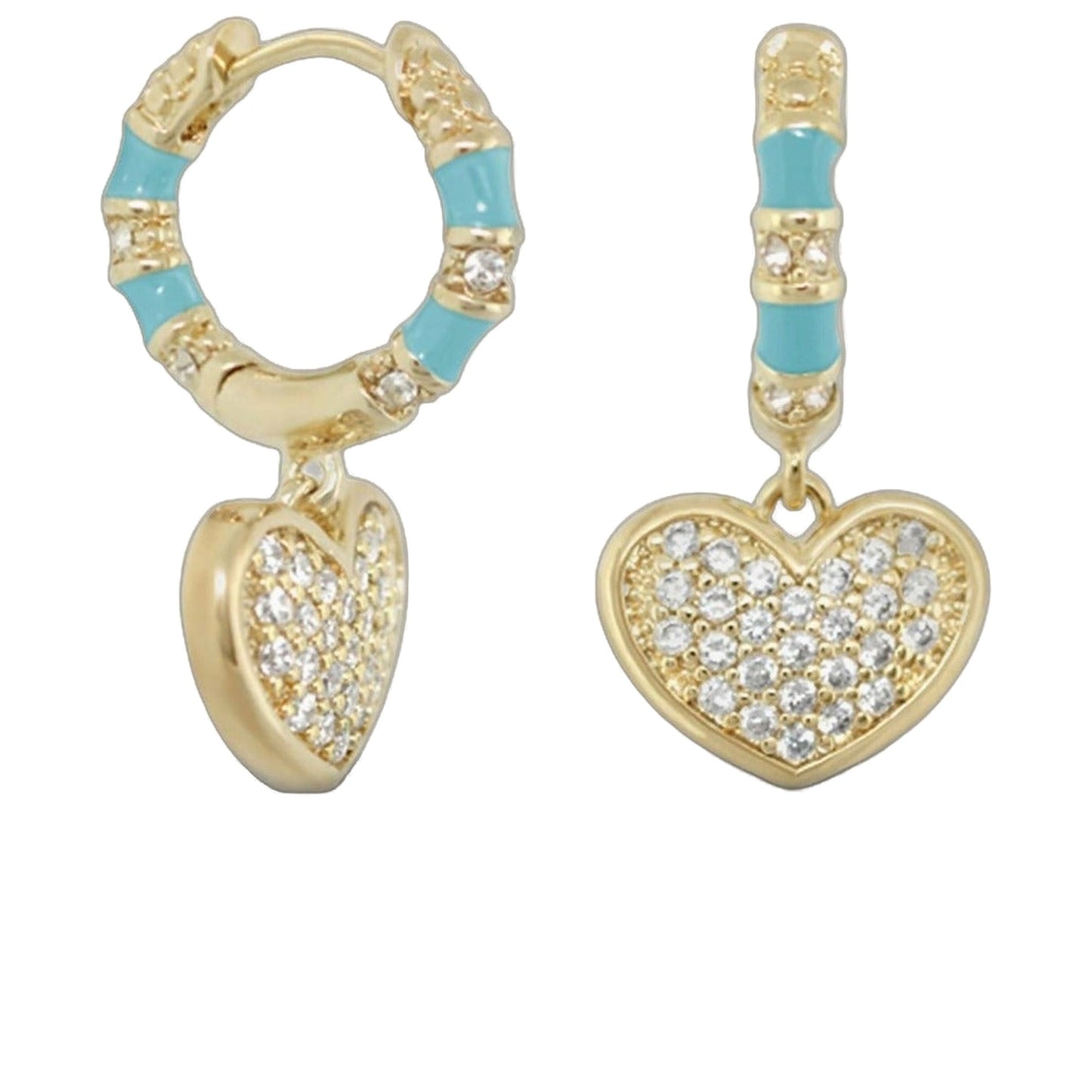 Charming 2 Earrings pavé heart drop set in gold with turquoise enamel bands and clear crystals on Tampa Home & Garden Store