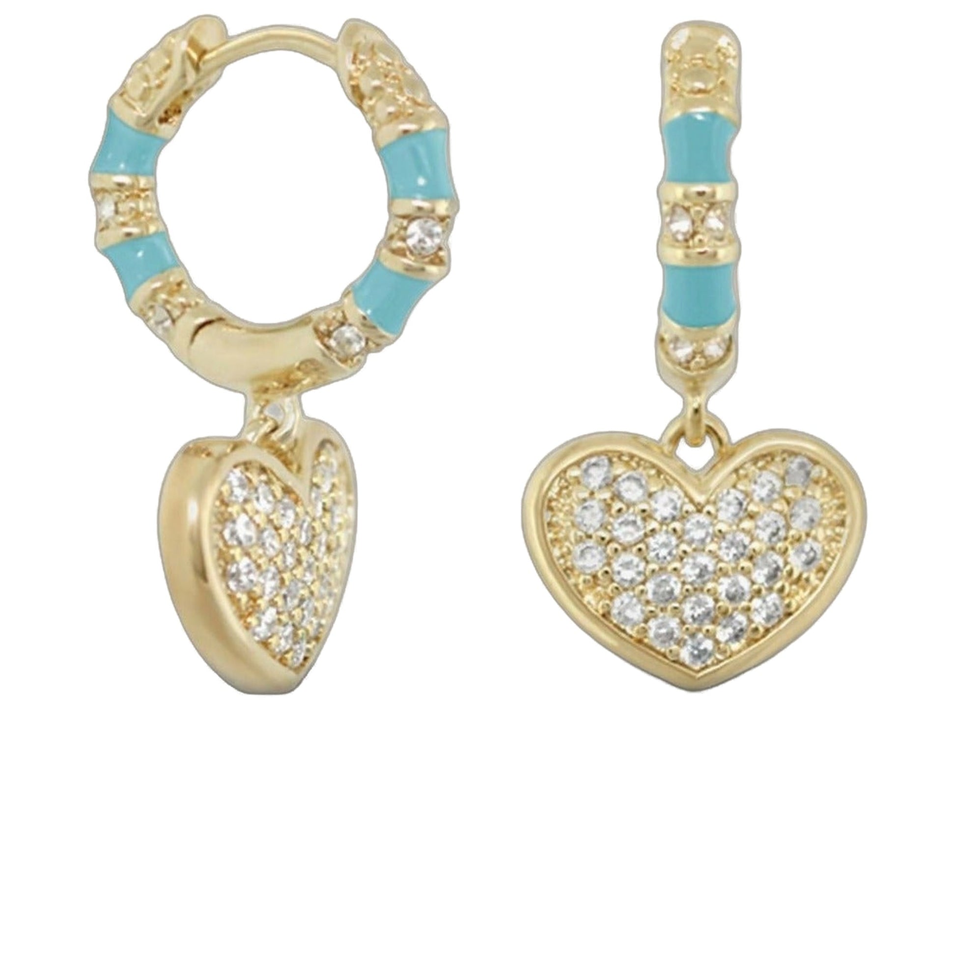 Charming 2 Earrings pavé heart drop set in gold with turquoise enamel bands and clear crystals on Tampa Home & Garden Store