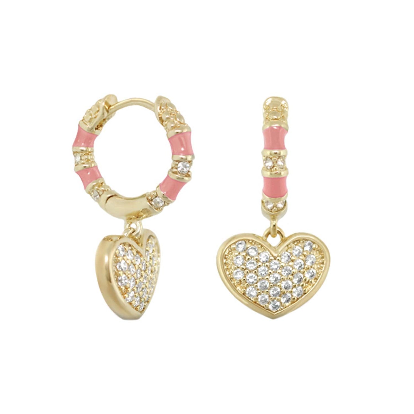 Charming 2 Earrings Pavé Heart Drop by Lauren G Adams gold-tone hoops with pink enamel hearts on Tampa Home & Garden Store