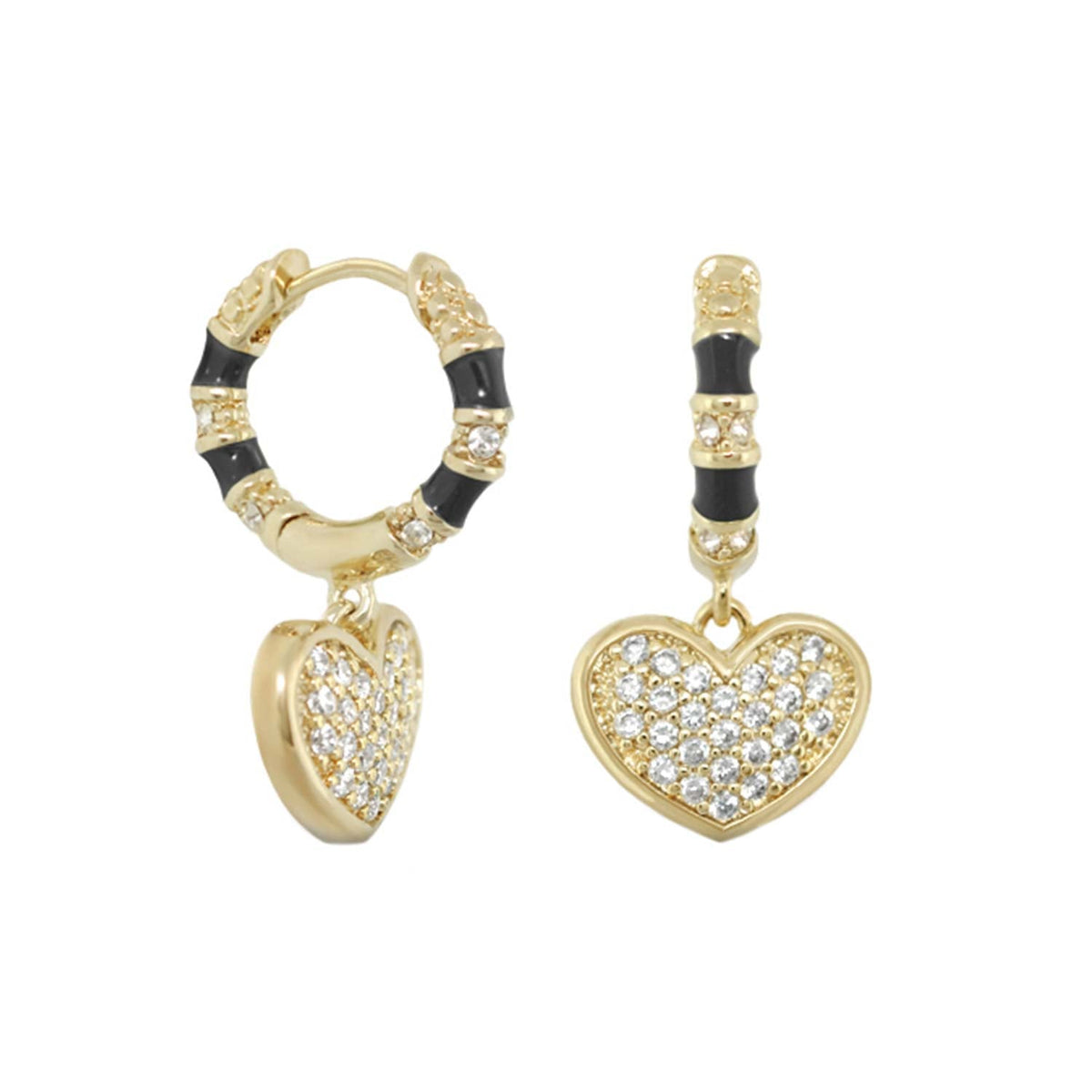 Lauren G Adams Charming 2 Earrings pavé Heart Drop, gold hoops with black enamel and crystals on Tampa Home & Garden Store