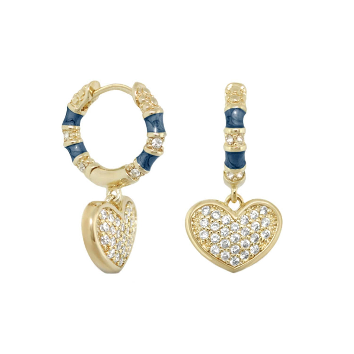 Charming 2 Earrings pavé Heart Drop, gold-tone hoops with blue enamel and crystal hearts on Tampa Home & Garden Store