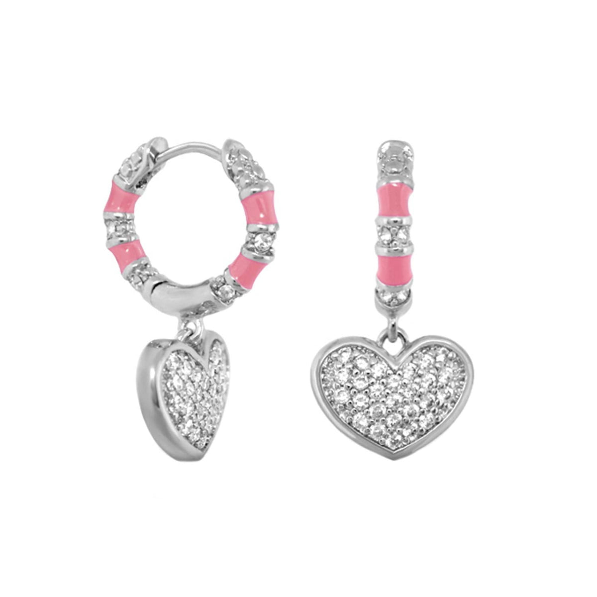 Charming Pavé Heart Drop earrings Lauren G Adams, silver hoops pink enamel and pavé heart charm on Tampa Home & Garden Store