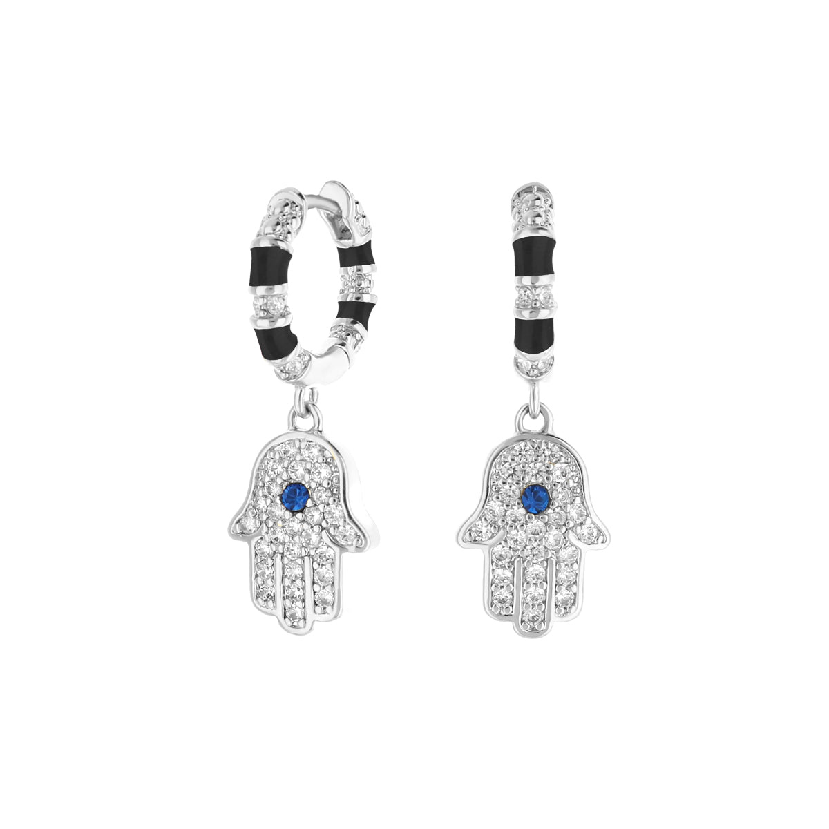 Lucky Hamsa Pave Earrings pair silver pave Hamsa charms with blue gem black enamel hoops on Tampa Home & Garden Store